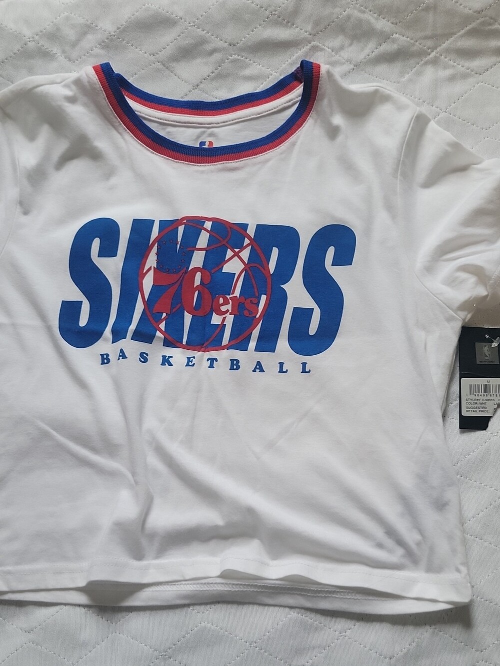 NBA White Crop Top with Blue and Red 76ers Sixers Graphic